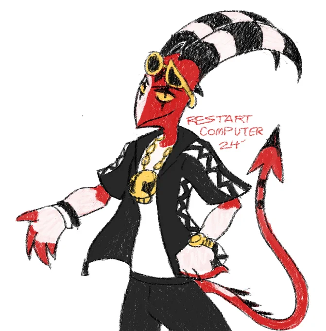 A drawing of Blitz (from the cartoon Helluva Boss) dressed in Guzma's (from Pokemon Sun and Moon) outfit. 