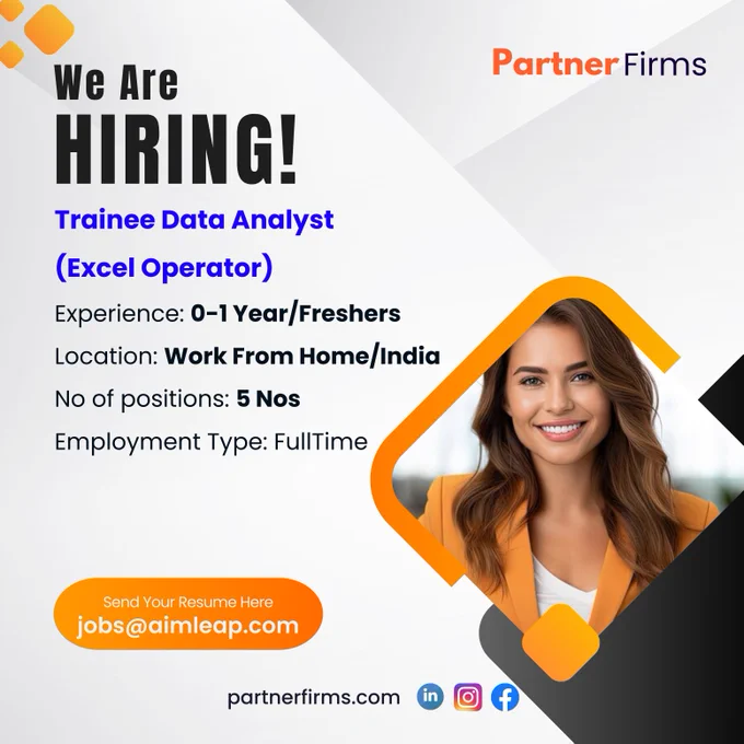 Jr Data Sourcing Analyst - Excel Operator (Remote)
Freshers/Experienced (Any degree/MBA/Engineering)
Location: Remote (Work From Home)
No of positions: 10 Nos
Industry: IT/Data Processing
Salary: 15K to 17K INR per month (Including incentive)
Work time: 9 am to 6: 30 pm IST
Project Duration: 6 to 8 months

Job Description

Hands-on prior experience in using MS Excel
Excellent Google research skills
Role includes hospital data sourcing, validation, location verification, NPI sourcing, etc.
Training will be provided as required

hashtag

hashtag#excel
hashtag#dataanalysts hashtag#dataanalytics hashtag#datascience hashtag#workfromhome hashtag#Hiringfresher