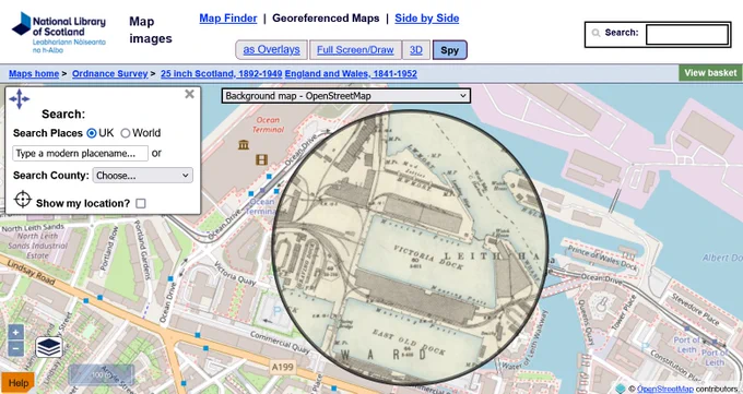 screenshot from National Library of Scotland map images website demonstrating the spyglass viewer