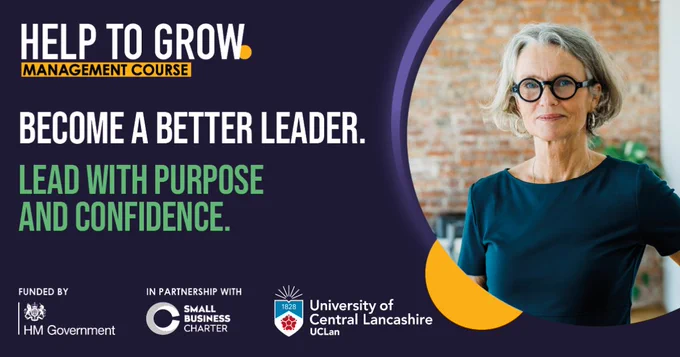 Poster: Help to Grow: Management Course, Become a better leader. Lead with purpose and confidence.