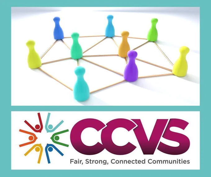 Turquoise background. Network graphic showing different coloured pegs joined standing on white background and linked by drawn lines connecting them to each other. CCVS logo.