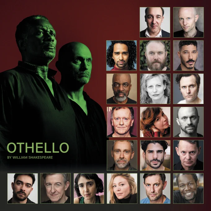 A composite image  on a red background featuring the 20 headshots of the Othello cast on the right and along the bottom. On the left John Douglas Thompson and Will Keen stand dressed in black and bathed in green light. Towards the bottom green text reads "Othello by William Shakespeare".