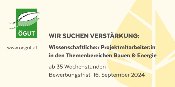 Text-Bild-Kombination mit dem Text: Wir suchen Verstärkung: Wissenschaftliche*r Projektmitarbeiter*in in den Themenbereichen Bauen & Energie - abe 35 Wochenstunden. Bewerbungsfrist: 16. September 2024