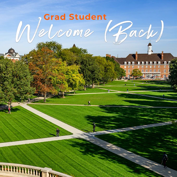 Students cross the Main Quad in front of Foellinger Auditorium. Text in the sky spells out "Grad Student Welcome (Back)."