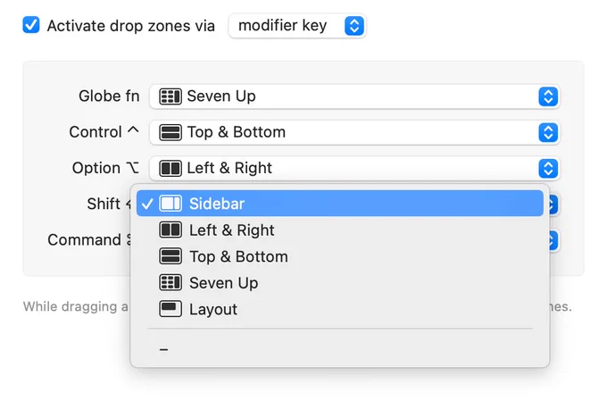 Drop zones via modifier key drags.