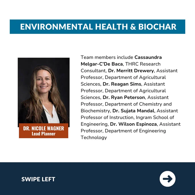 Environmental Health & Biochar TIGER Team infographic. Includes a headshot of Lead Planner Dr. Nicole Wagner and the copy: "Team members include Cassaundra Melgar-C'De Baca, THRC Research Consultant, Dr. Merritt Drewery, Assistant Professor, Department of Agricultural Sciences, Dr. Reagan Sims, Assistant Professor, Department of Agricultural Sciences, Dr. Ryan Peterson, Assistant Professor, Department of Chemistry and Biochemistry, Dr. Sujata Mandal, Assistant Professor of Instruction, Ingram School of Engineering, Dr. Wilson Espinoza, Assistant Professor, Department of Engineering Technology." The words "swipe left" are shown at the bottom.