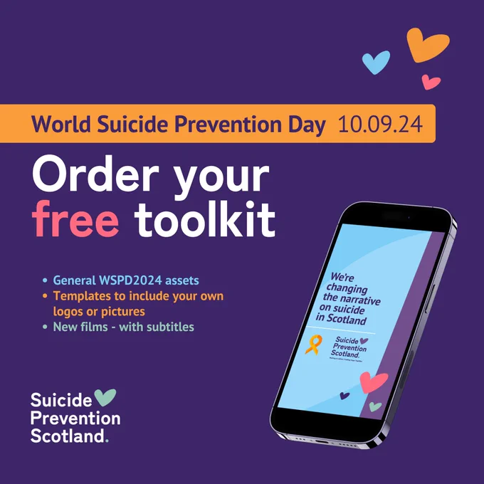 World Suicide Prevention Day is on 10 Sept 2024.

Our new social media toolkit is for anyone working to prevent suicide.

It will include general graphics, templates and a series of new, powerful films.

Order via email to PHS.SuicidePreventionTeam@phs.scot.