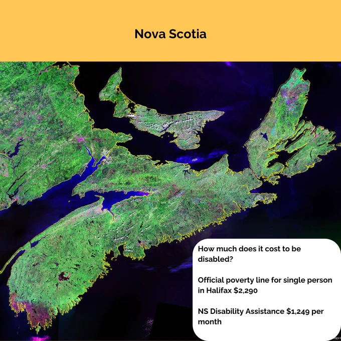 Satellite image of Nova Scotia. Text: How much does it cost to be disabled? Official poverty line for single person in Halifax $2,290. NS Disability Assistance $1,249 per month.