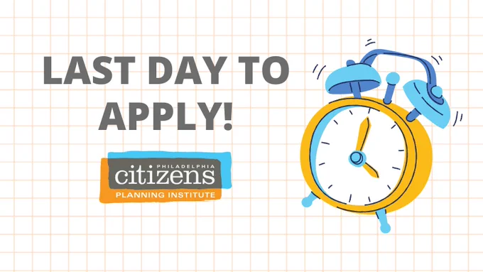 Grid background with the text "last day to apply!" and an alarm clock