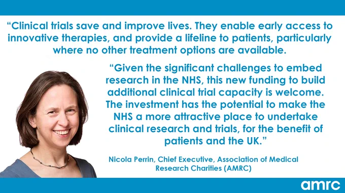 Quote card with quote from and photo of Nicola Perrin, Chief Executive of Association of Medical Research Charities (AMRC). Quote: 

"Clinical trials save and improve lives. They enable early access to innovative therapies, and provide a lifeline to patients, particularly where no other treatment options are available.

 "Given the significant challenges to embed research in the NHS, this new funding to build additional clinical trial capacity is welcome. The investment has the potential to make the NHS a more attractive place to undertake clinical research and trials, for the benefit of patients and the UK."

