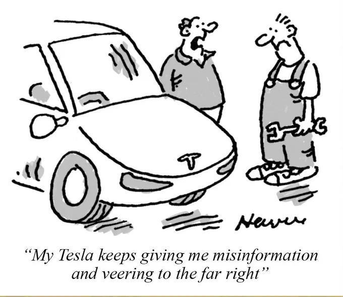 A car. 
Next to it, the car owner speaking to a mechanic:
"My Tesla keeps giving me misinformation and veering to the far right"