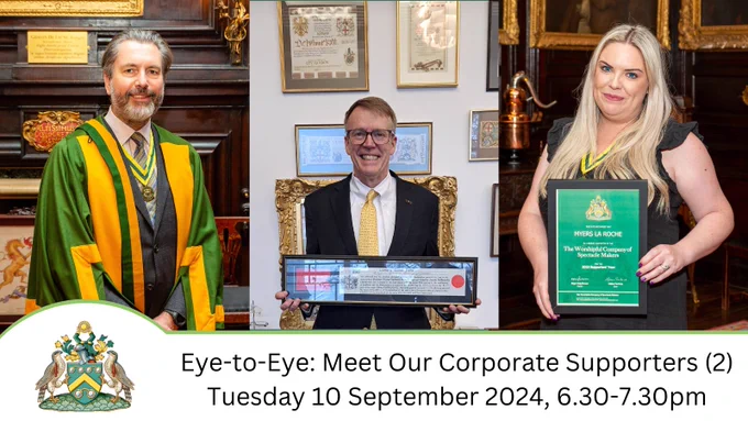 Text reads: Eye-to-Eye Meet our Corporate Supporters (2), Tues 10 Sept 2024 6.30-7.30pm. Three photos of Alistair Bridge, Reade Fahs and Georgie Myers.