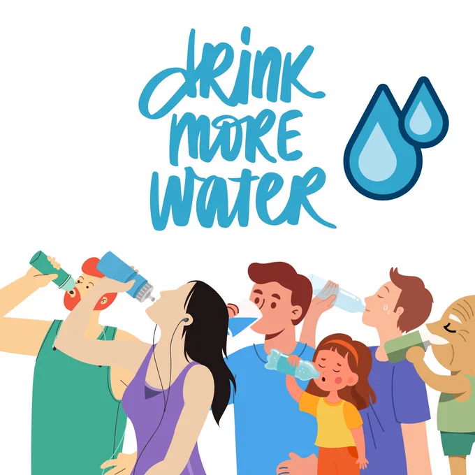 Drink more Water. Grafik verschiedener Menschen, die Wasser trinken.