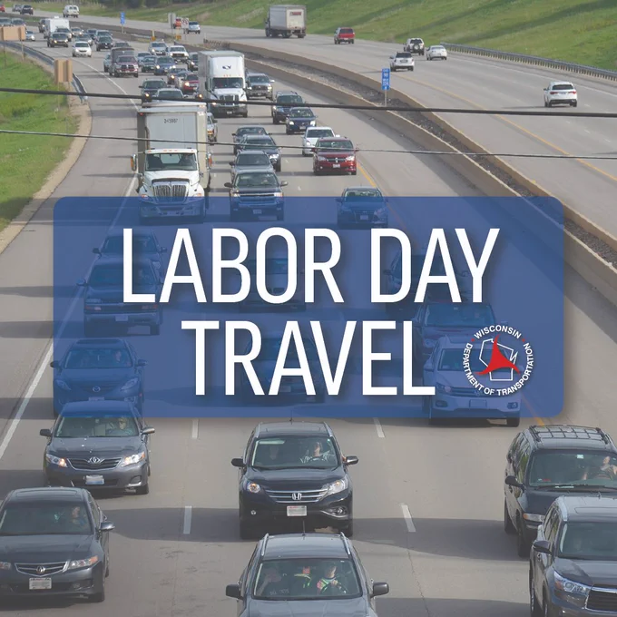 vehicles traveling on highway with text: labor day travel