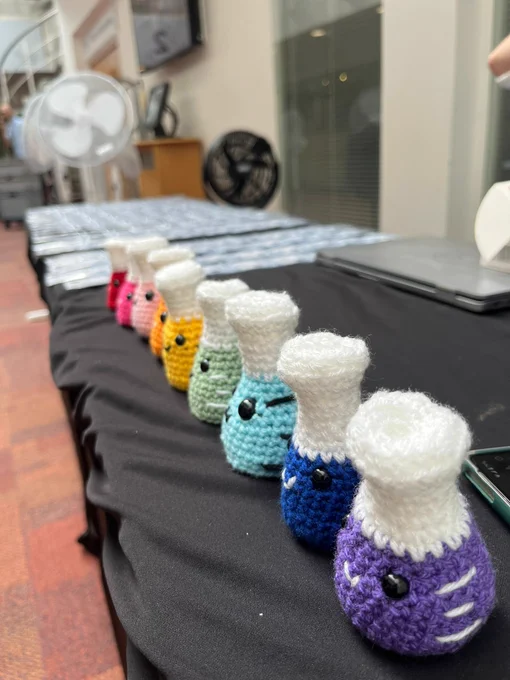 Crocheted conical flasks at the registration desk!
