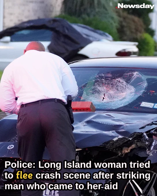 Suffolk County police on scene where a pedestrian was struck by a car on Skidmore Road in North Babylon, Aug. 27, 2024. The driver attempted to flee, but a woman on scene threw a brick at the windshield in order to stop the car from speeding off.
