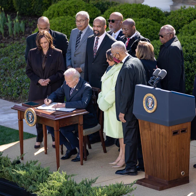 President Joe Biden, joined by Vice President Kamala Harris, signs H.R. 55, the “Emmett Till Antilynching Act”, in the Rose Garden of the White House. 