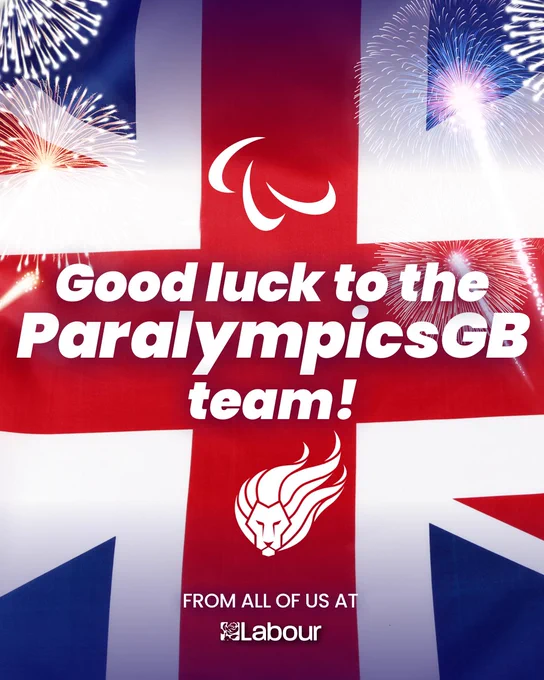 Union Jack flag with fireworks in the corner and Paralympic’s logo. Text reads: Good luck to the ParalympicsGB team! From all of us at Labour