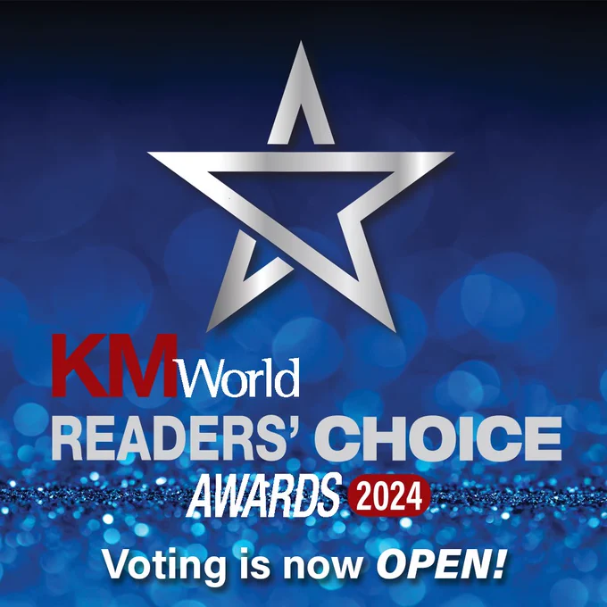 KMWorld's banner: a gradient blue background with bubbles and shiny confetti; a star logo and the text "KMWorld Readers' Choice Awards 2024: Voting is now OPEN!"