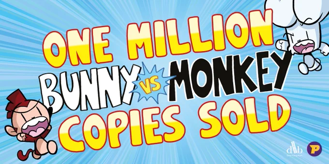 A blue graphic with text: 'ONE MILLION BUNNY VS MONKEY COPIES SOLD' There's an illustration of Bunny & Monkey, and the DFB/Phoenix logos are in the bottom right corner