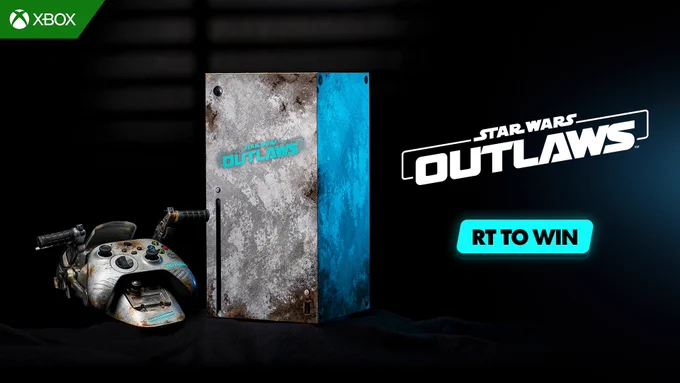 An image of a custom, Star Wars: Outlaws themes Xbox Series X Console & Controller on a black background. The Star Wars: Outlaws logo is on the right with "RT to Win" below. The Xbox logo is in the top left corner.