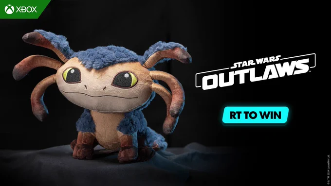 An image of a Nix plushie from Star Wars: Outlaws on a black background. The Star Wars: Outlaws logo is on the right with "RT to Win" below. The Xbox logo is in the top left corner.