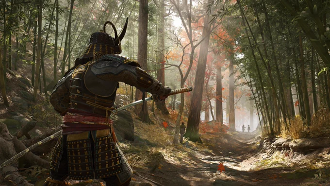 An armored warrior walks a woodland path as he draws his sword. Two figures can be seen in the distance.