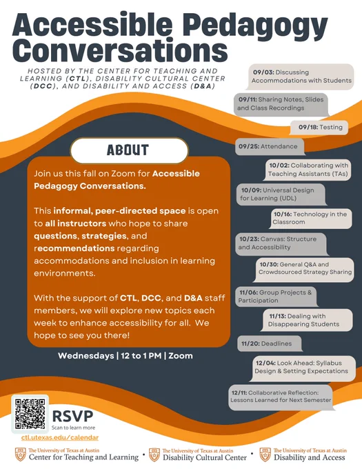 Accessible Pedagogy Conversations flyer with description, session details, and a link to the CTL calendar ctl.utexas.edu/calendar
