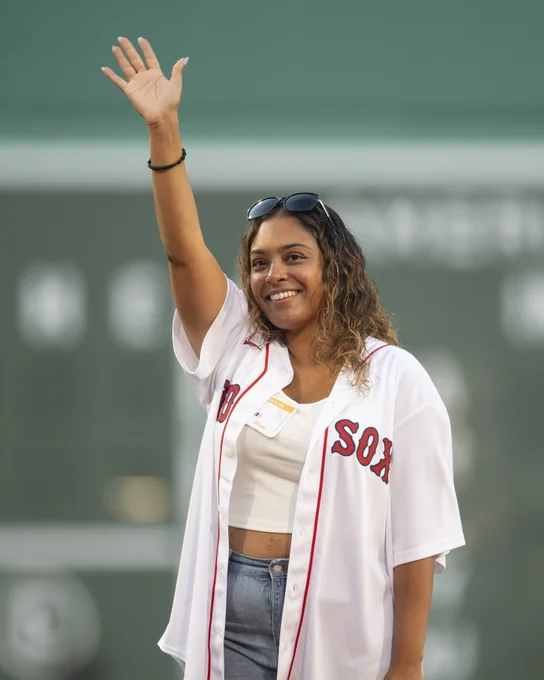 Jasmine Gonzalez is recognized in a special ceremony for the 2023 Wasabi Fenway Bowl Monster Finalists prior to a game against the Arizona Diamondbacks at Fenway Park.