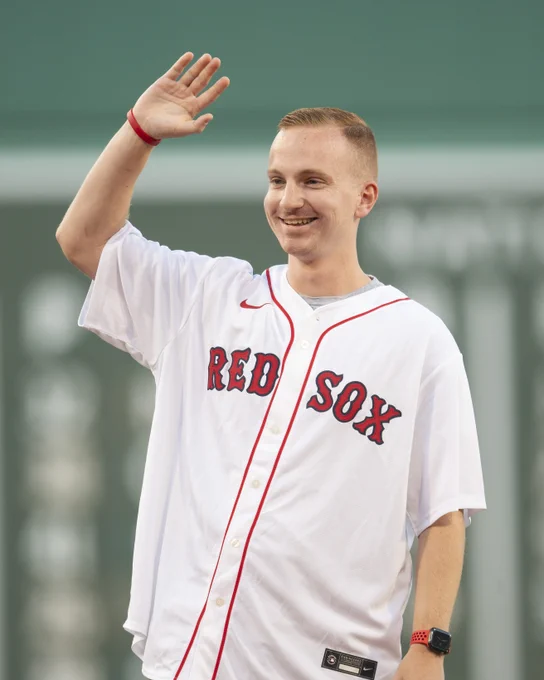 Robert Ackerman is recognized in a special ceremony for the 2023 Wasabi Fenway Bowl Monster Finalists prior to a game against the Arizona Diamondbacks at Fenway Park.