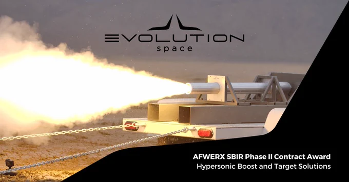 Evolution static fire image as the background with logo on top. Right side of image has a black graphic with text saying “AFWERX SBIR Phase II Contract Award, Hypersonic Boost and Target Solutions”.