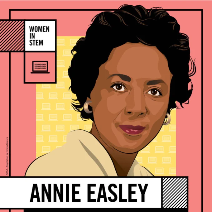Annie Easley smiling and looking up on a pink and yellow background. She has short dark hair, dark eyes, brown skin, and small gold earrings.