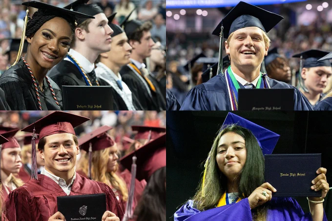 In four separate pictures, Rockwood graduates smile and display their diplomas at commencement ceremonies. 