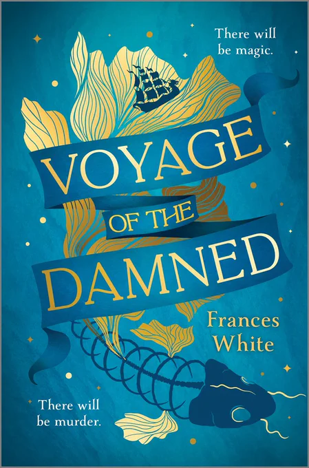 Gorgeous deep teal & gold cover for VOYAGE OF THE DAMNED where the fins of a dead fish become ocean waves for a ship to be tossed upon
