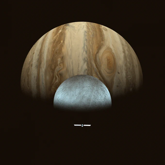 Illustration of the Europa Clipper spacecraft, with its wing-like solar arrays, in space. The spacecraft appears in front of Europa, with its smooth, cracked, gray-and-brown surface. In turn, Europa appears in front of larger Jupiter, with its bands of swirling clouds.
