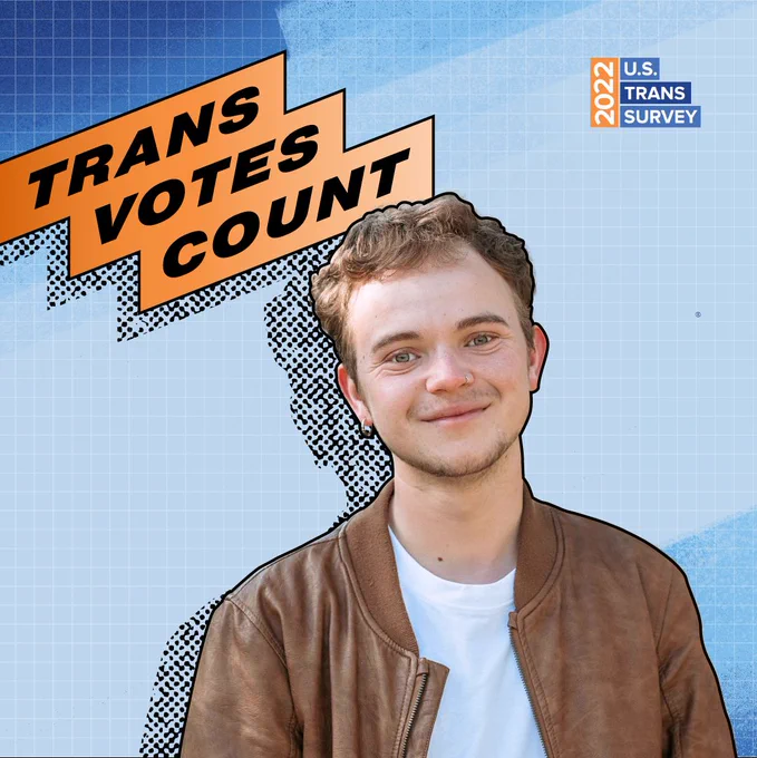 text “Trans Votes Count" with image of white trans man and 2022 US Trans Survey logo