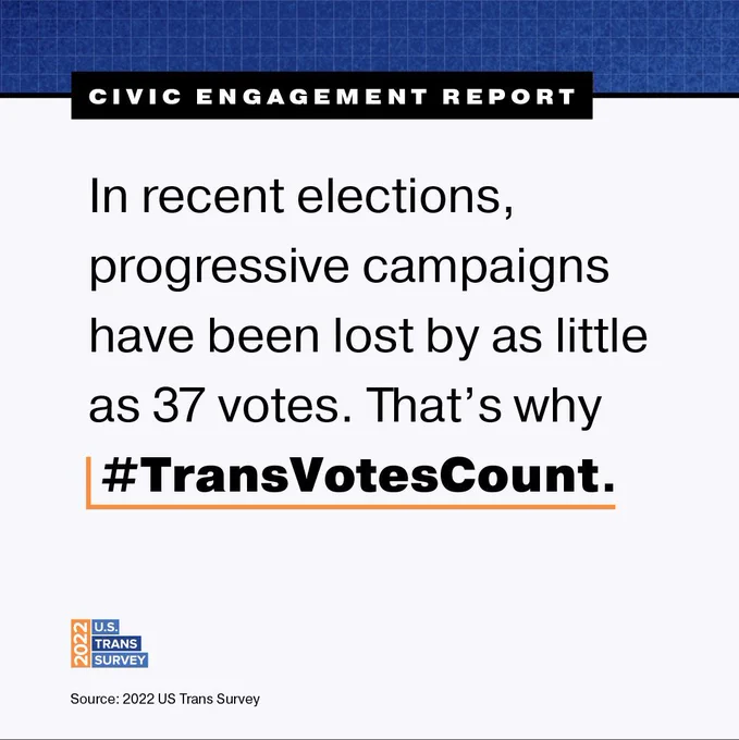 USTS respondents who were not registered to vote reported reasons that were specifically related to being trans, such as: Current name did not match their driver’s license or Social Security card (3%); Wanted to avoid being harassed by election officials because they were transgender (2%); Thought their state’s voter ID law could stop them from voting (1%)