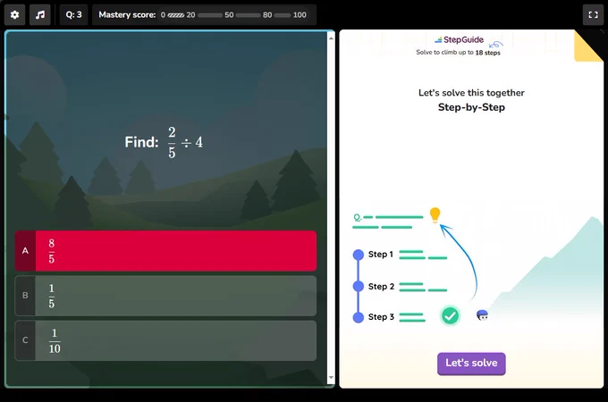 A screenshot of Voyage Math showing an incorrect answer to a problem and the initial view of StepGuide, which is a feature that helps students walk through problems step-by-step in an interactive way.