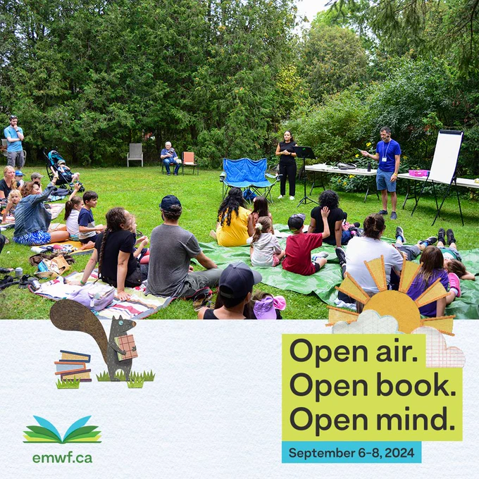Promotional image of festivalgoers enjoying a session in Eden mills. Includes the EMWF logo, website (emwf.ca), festival tagline (Open air, Open book, Open mind), and the festival date (September 6-8, 2024).  
