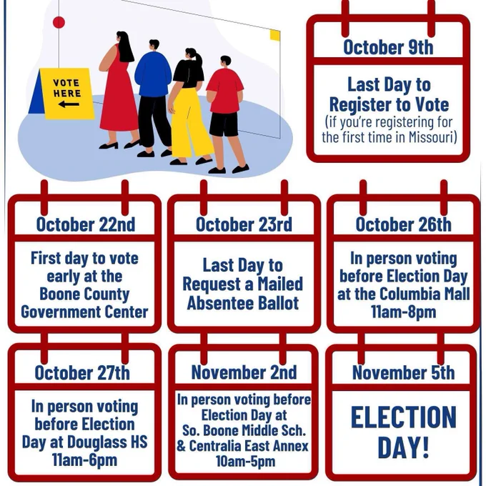 Calendar of election dates and an illustration of voters in line. All the info is described in the tweet thread as well.