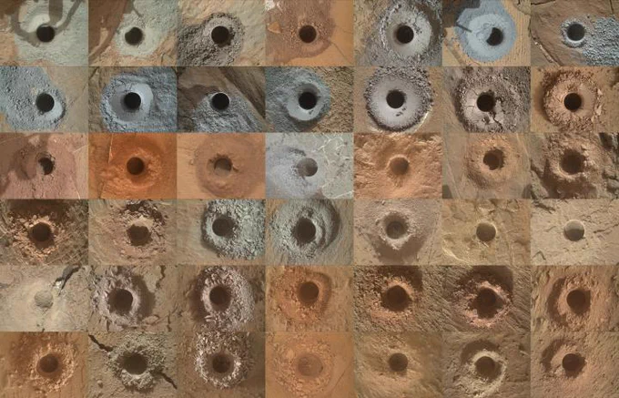 A collage of images of the Curiosity rover's 42 drill samples in a 7x6 grid. Each image shows a circular hole surrounded by powderized Martian rock. The colors of each image vary from tan to brown to reddish-orange and gray. 

Credit: NASA/JPL-Caltech/MSSS