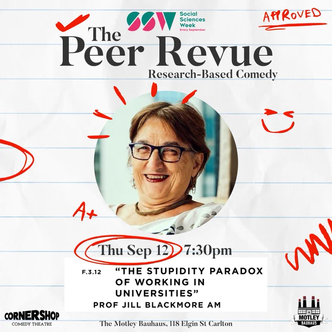 Show poster for The Peer Revue. The guest is Professor Jill Blackmore AM and the topic is The Stupidity Paradox of Working in Universities