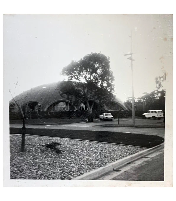 A dome-shaped building is seen behinda a tree in a black and white photo. 