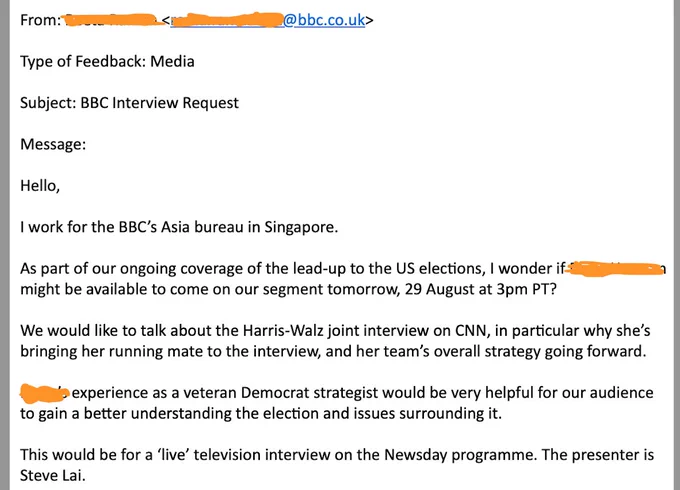 Screenshot of an email for an interview request where they want to talk with a veteran Democrat strategist about "the Harris-Walz joint interview on CNN, in particular why she’s bringing her running mate to the interview, and her team’s overall strategy going forward." Names have been blanked out.