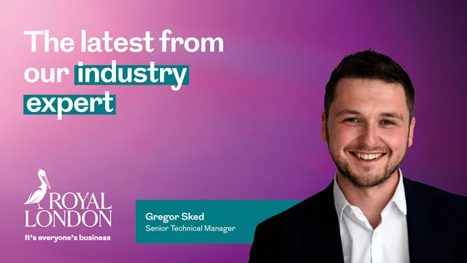 An image of a man on a purple background. A white Royal London logo sits in the bottom left of the image. There is a text title overlaying the image that says: The latest from our industry expert.