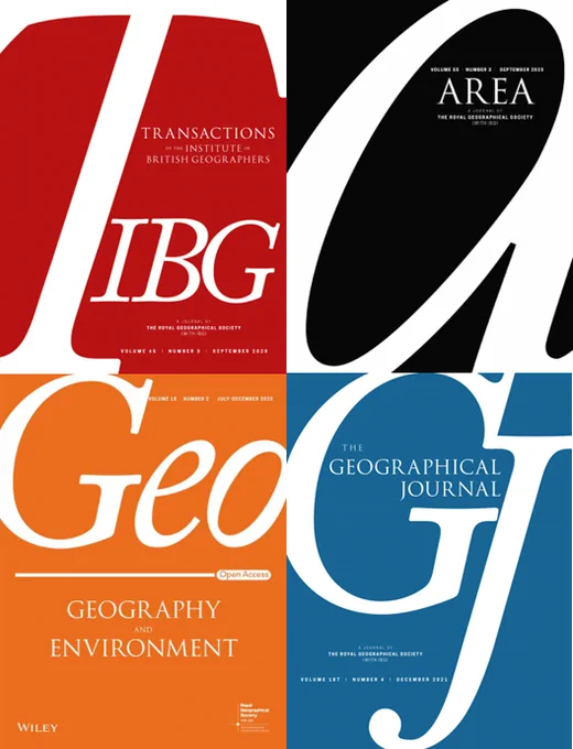 Image of the four title pages of the four RGS Journals - Transactions in red, Area in black, Geo in orange, and The Geographical Journal in blue
