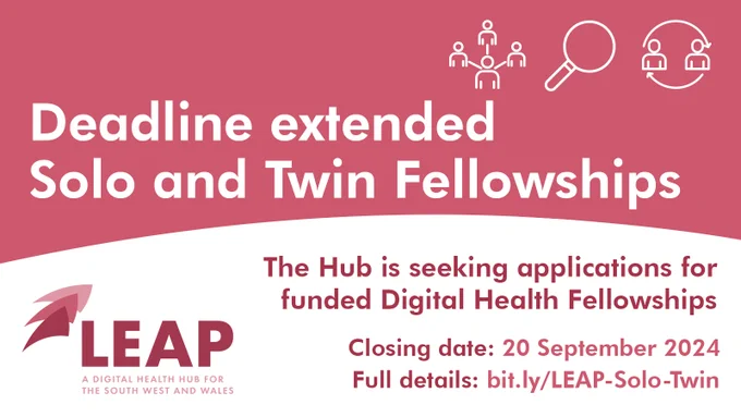 Text graphic: White text on dark pink curved shape reads 'Deadline extended. Solo and Twin Fellowships.' Underneath, dark red text on white reads 'The Hub is seeking applications for funded Digital Health Fellowships. Closing date: 20 September 2024. Full details: bit.ly/LEAP-Solo-Twin'. The LEAP Digital Health Hub logo is on the bottom left.