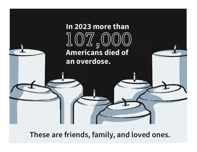 A number blue tinted candles, unlit against a black background. The text says "In 2023, more than 107,000 Americans died of an overdose.