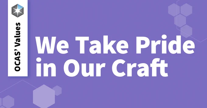 by OCAS/ ontariocolleges.ca: OCAS' Values: We take pride in our craft. 

Purple background