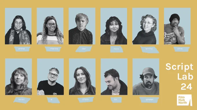 Features black and white photographs of each participant on blue backgrounds. Text to right reads 'Script Lab 24' with Film Hub North logo below.